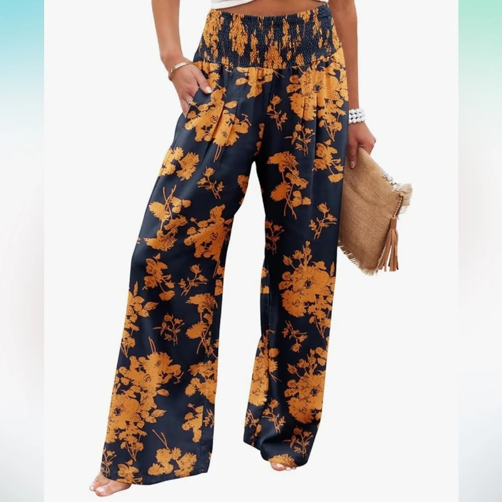Navy and Orange Floral Palazzo Pants - Picture 3 of 10